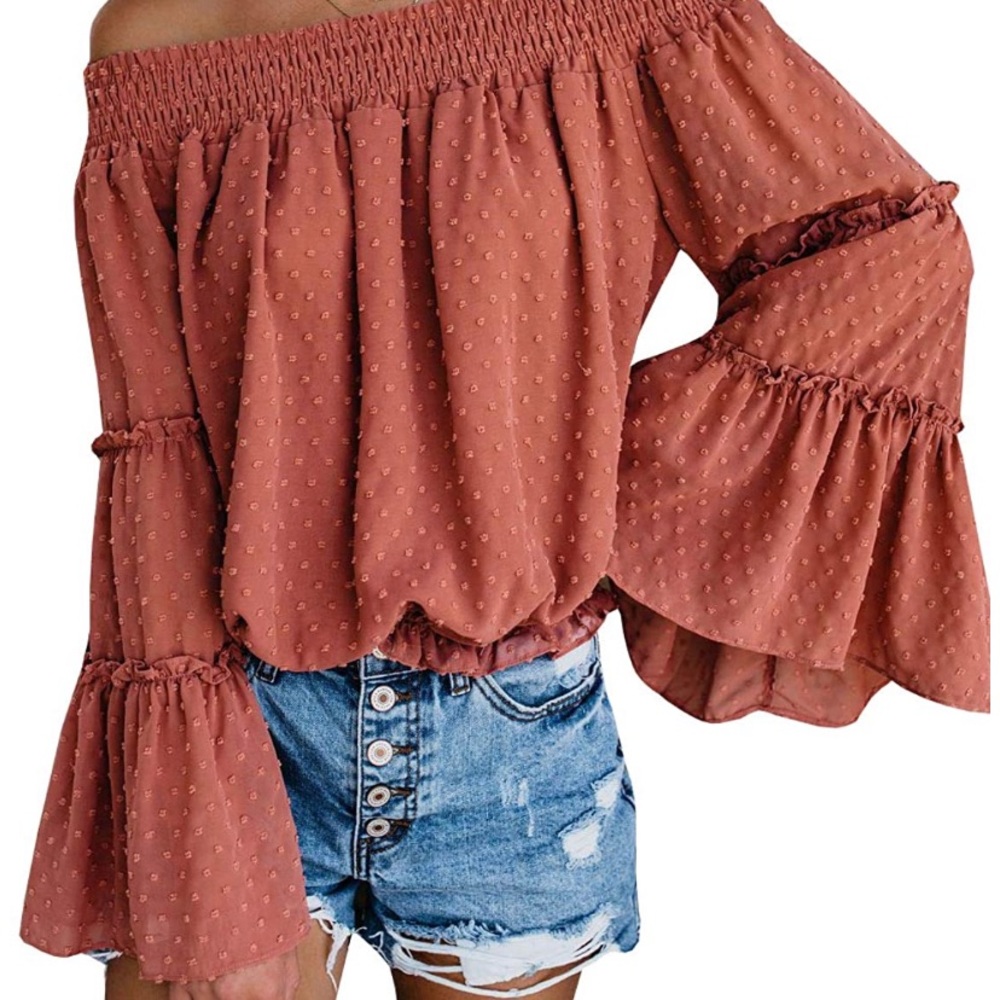 Off The Shoulder Chiffon Bell Sleeve Ruffle Tunic